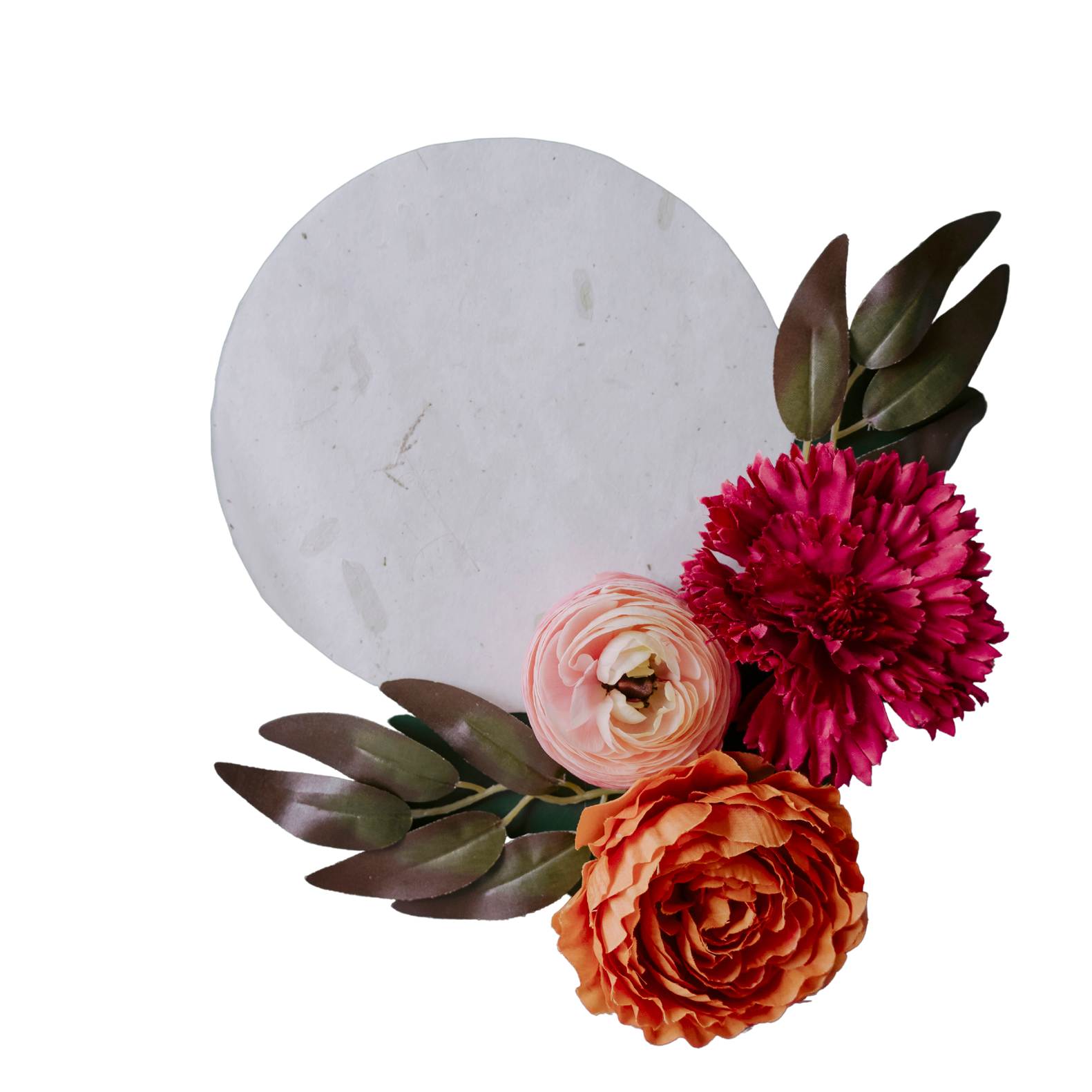 White Round Paper with Flowers Flatlay