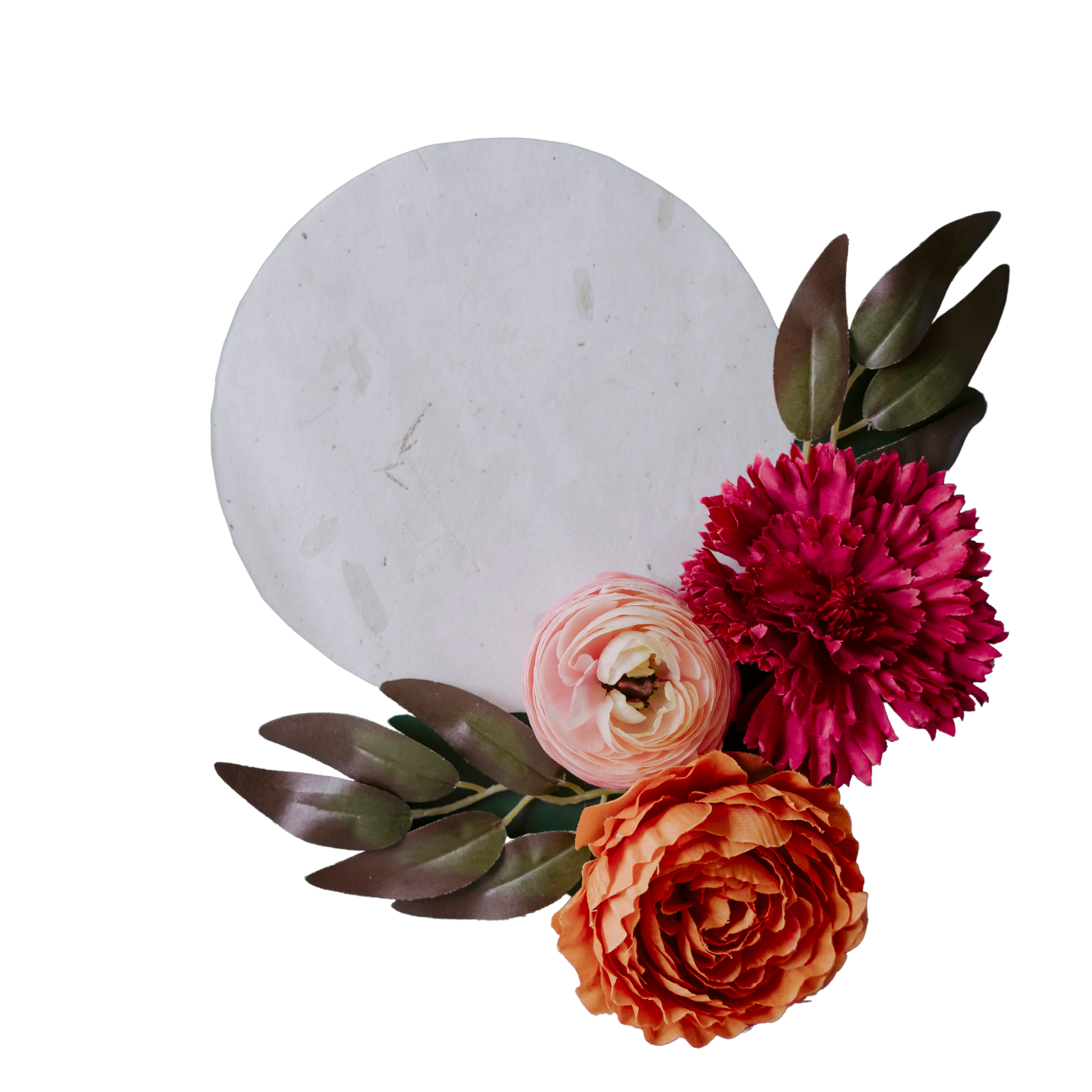 White Round Paper with Flowers Flatlay