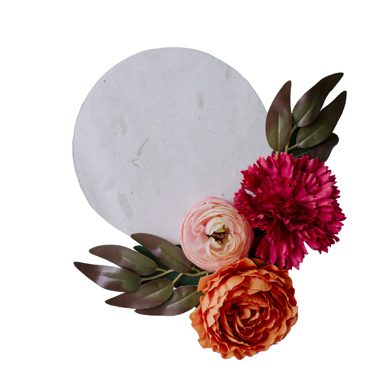 White Round Paper with Flowers Flatlay